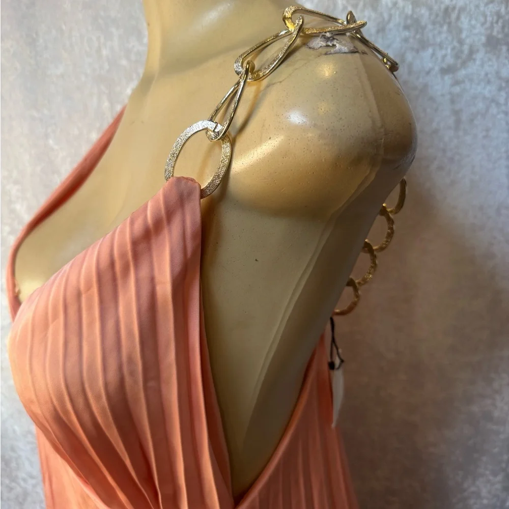 Zara Peach Pleated Midi Dress with Chain Strap - Picture 4 of 8